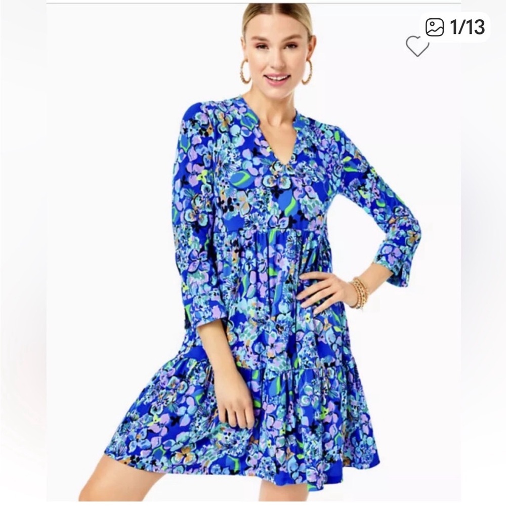Lilly Pulitzer Blue Floral Tiered V-Neck Mini Dress